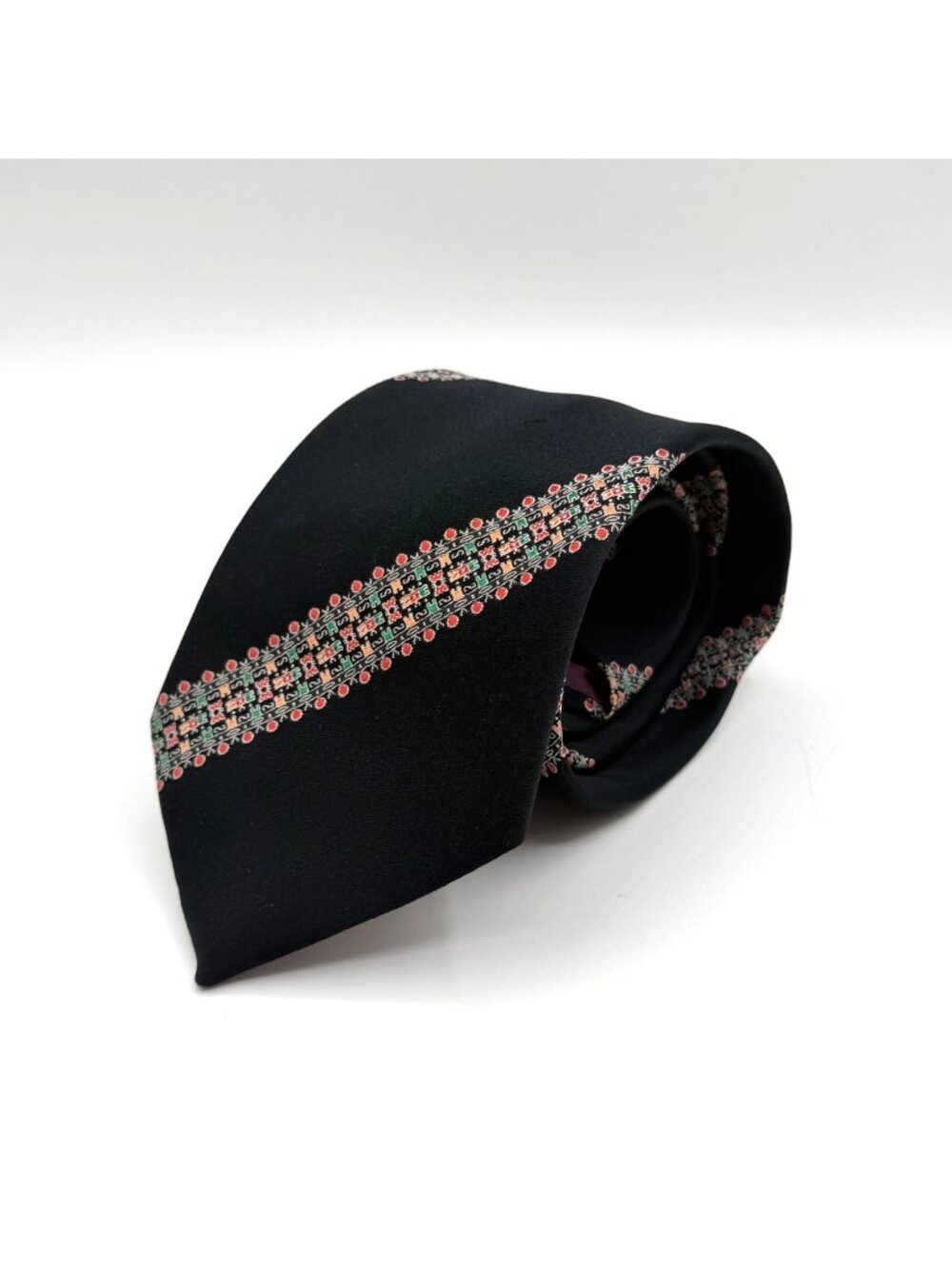 Vintage Silverwoods Black Striped Multicolor Embroidered Pattern Tie 54" x 4"